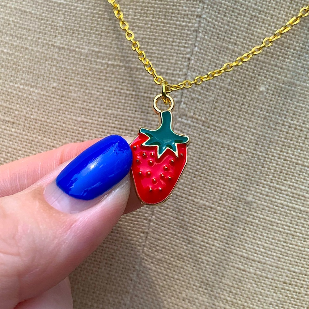 NWT Sterling Silver Plated Chain, Enamel Strawberry Alloy Metal Charm Necklace
